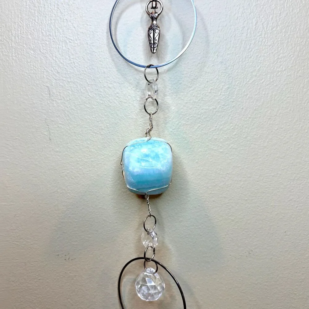 Blue Calcite Hanging | Silver Goddess Charm | Intuition Creativity Stone Decor